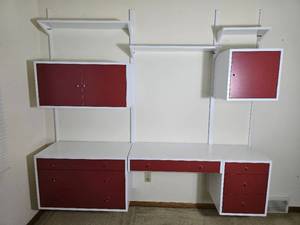 Retro Mid Century Modern Wall Mount Desk Cabinet Unit in Red and White