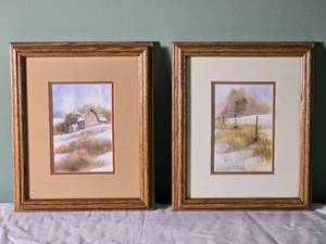 SIGNED Fine Art Landscape Print Pair - Leon Beck - Winter Farm Series