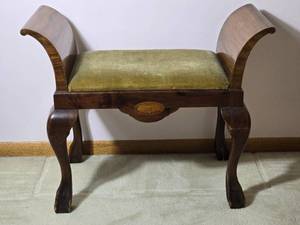 Stunning Antique French Mahogany Inlaid Footstool - Green Upholstery