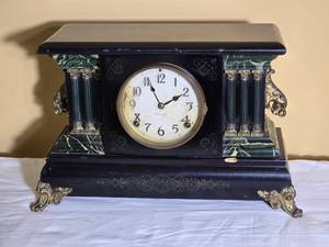 Antique Ingraham Black Mantel Clock with Marbleized Columns