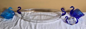 Blue Art Glass Swan and Center Bowl Group