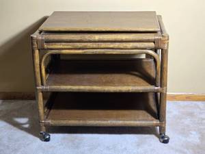 Vintage Rattan Rolling Bar Cart  Side Table