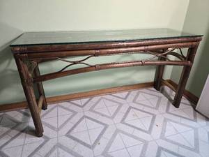 Rattan and Glass Console Sofa Table - B