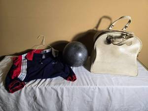 Vintage Bowling Kit with Hilton Bowling Shirt, Ball and Leather Bag