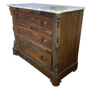 LL - Vintage Marble-Top Dresser with Carved Floral Front