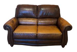 LLR - Weathered Leather Sofa with Nailhead Studs and Rolled Arms
