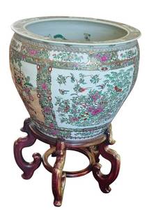 LR - Vintage Famille Rose Porcelain Jardiniere Fishbowl With Wooden Stand