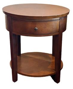 BR1 - Round Wood End Table with Drawer & Shelf
