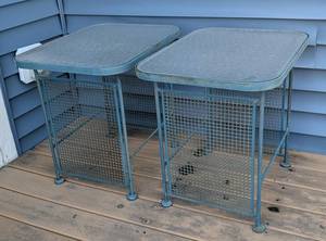 P - Vintage Woodard Wrought Iron Patio Side Tables With Pebbled Glass Tops (Lot of 2)