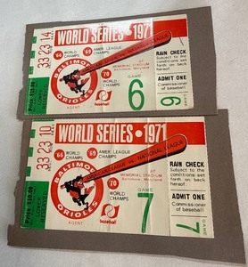 1971 World Series Game 6 and 7 Ticket Stubs - Baltimore Orioles (glued to scrapbook page) - Vintage Baseball
