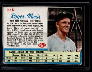 Roger Maris 1962 Post Cereal #6 Vintage Baseball Card