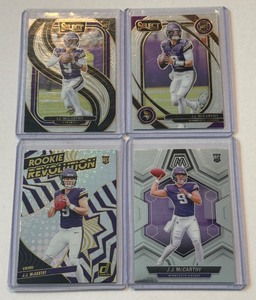 JJ McCarthy 4 RC Lot  Revolution, Mosaic, Select Rookie Minnesota Vikings Football Cards