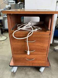 Medical Wooden Rolling Equipment Cart Cabinet w Built-In Power Strip 3 Drawers  Pull Out Work Trays Smooth Casters Great For holding monitors, machines, cords &amp supplies