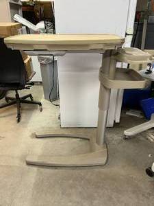 MSRP $900 Stryker Overbed Table With Dual Storage Compartments &amp Integrated Cup Holder Tray, Height Adjustable HospitalPatient Bedside Table, For RehabHome CareLong-Term Care Facilities, NO MIRROR IN COMPARTMENT, NEEDS CLEANING,&nbsp