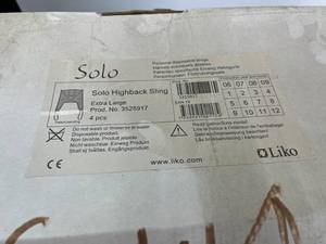 MSRP $400 NEW Case Of 4 Liko Solo Highback Slings, Extra Large, REF 3525917, Disposable Patient Lift Slings For Safe Transfers &amp Full Body Support, Ideal For Hospitals, Long-Term Care, Rehab &amp Bariatric Patient Handling Applications