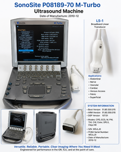 MSRP $12,000 SonoSite M-Turbo Portable Ultrasound System wL5-1 Broadband Linear Transducer, P08189-70, Boot Ver 51.80.300.015, CardiacVascularAbdominal Imaging Platform, Compact Point-Of-Care Unit - Works Great