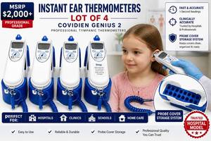 MSRP $2,000  Lot of 4 Covidien Genius 2 Tympanic Thermometers, Professional Ear Thermometer Units w Probe Covers Storage Base, Hospital Medical Temperature Systems, GREAT WORKING CONDITION Some Need Batteries and minor clean up