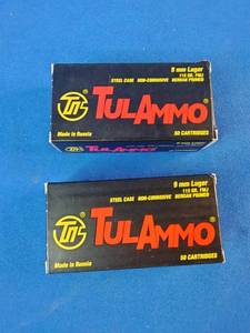 This is TulAmmo 9mm Luger ammunition with 115-grain Full Metal Jacket (FMJ) bullets.