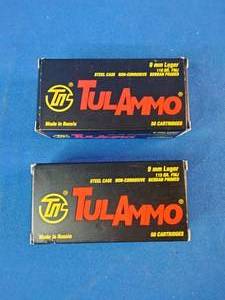 Two boxes of TulAmmo 9mm Luger ammunition
