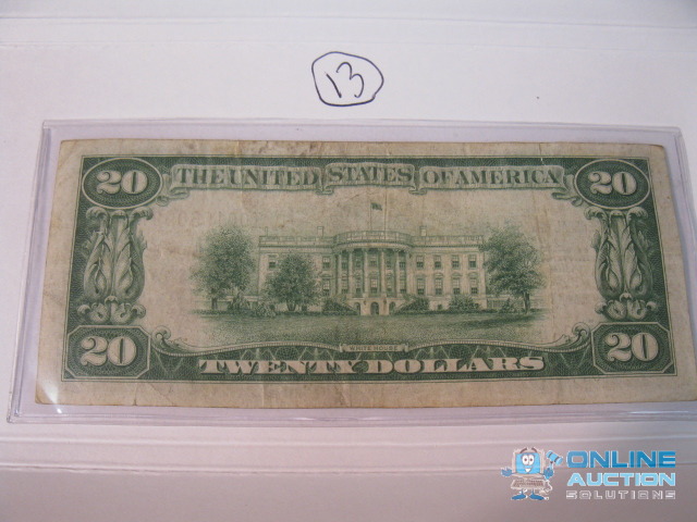 lot 13 image: 1929 $20 National Bank Note Currency