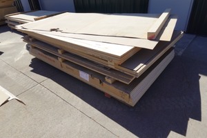 (4) 4x8 sheets 0.75 inch Rustic Maple MDF, (3) 4x8 sheets 0.75 inch White Oak MDF, (2) 4x8 sheets 0.75 inch Rustic HickoryWhite particle board, (11) 4x8 sheets 0.75 inch WhiteWhite particle board