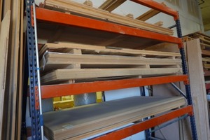 (15) 4x8 sheets 0.25 inch MDF, 2) 4x8 sheets 0.5 inch MDF, (5) 4x8 sheets 0.75 inch OakWhite MDF, (4) 4x8 sheets 0.75 inch MapleMaple MDF, (2) 4x8 sheets 0.75 inch Rustic Maple MDF, Clear Alder Hardwood boards (Pallet rack is not included)