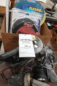 Porter Cable router, (2) Porter Cable palm sanders, new blades, air hose