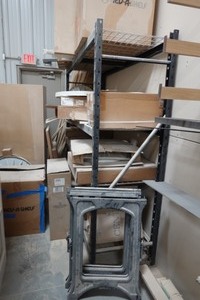 Gray Pallet rack including Kitchen rollouts, miscellaneous lazy susan parts and other inventory