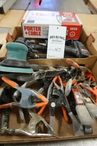 Porter Cable nailer, (2) Senco nailers, Dynabrade sander, clamps
