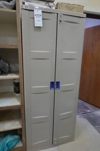 (2) Suncast storage cabinets, (1) wood linen cabinet (inventory not included)