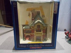 Village Collectibles Fire Station Illuminated Ceramic Christmas Village Piece