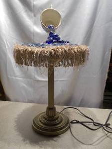 Vintage Table Lamp with Fringe Shade & Floating Teacup Accent