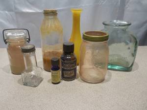 Vintage Glass Bottle & Jar Instant Collection Lot - Pink, Amber, Yellow, Clear & Aqua