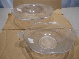 Vintage Clear Etched Glass Fruit Bowls  Serving Dishes with Handles (Pair)