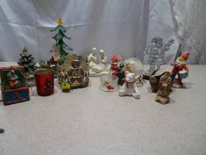 Vintage Christmas Holiday Decor Lot - Snow Globe, Stocking Hangers & Nativity