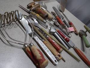 Vintage Kitchen Utensil & Gadget Lot - Wood Handles, Potato Mashers, Scoops