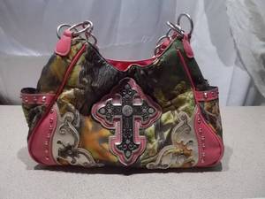 Ornate Floral Cross Patterned Handbag - Magenta Faux Leather Trim & Multi-Compartment