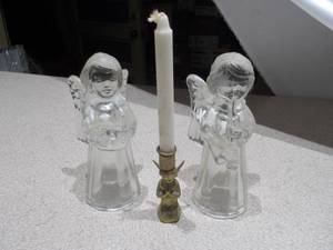 Pair of Clear Glass Angel Candleholders & Small Brass Cherub  Angel Figurine Set