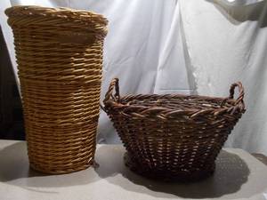 Pair of Woven Wicker Baskets - Tall Cylinder & Wide Handled Basket