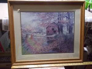 Framed Vintage Countryside Cottage & Mill Scene Print - Signed Art