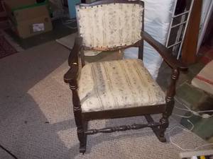 Vintage Wooden Rocking Chair with Striped Upholstered Seat & Armrests