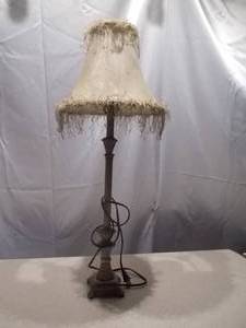 Vintage Table Lamp with Fringed Fabric Shade & Carved Column Base