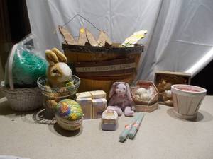 Easter & Spring Decor Lot - Wooden Bunnies, Decorative Eggs, Candles, Planters & Accents