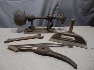 Vintage Hand Tools & Hardware Lot - Bench Grinder  Arbor, Trowel, Wrench & Tongs