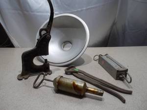 Vintage Industrial & Farm Tools Lot - Cast Iron Press, Hanging Scale, Lamp Shade & Accessories