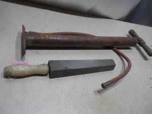 Vintage Hand Tools Lot - Tapered Metal File & Tire Pump Hose Assembly with Gauge
