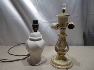 Vintage Ceramic Table Lamps Lot - White Ginger Jar & Ornate Floral Resin Lamp