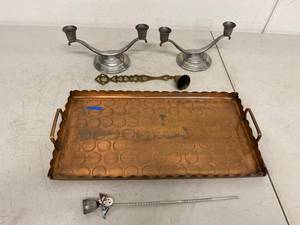 Vintage Metal Decor Group Copper Tray Candleholders Bell 5pc Set