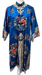 BG - Vintage Golden Bee Blue Silk Floral Embroidered Cheongsam Dress - Size M