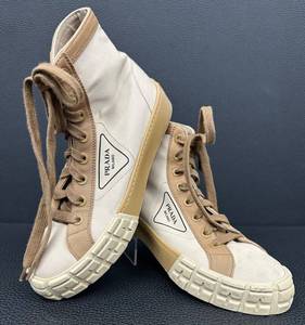PRADA Milano High-Top Sneakers - Beige Canvas & Tan Leather, EU 39 12